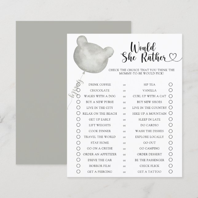 Papier Ours / Voudrait-Elle Plutôt Baby shower Jeu (Devant / Derrière)