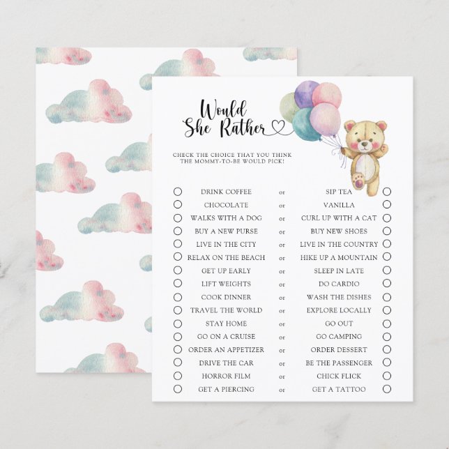 Papier Ours / Voudrait-Elle Plutôt Baby shower Jeu (Devant / Derrière)
