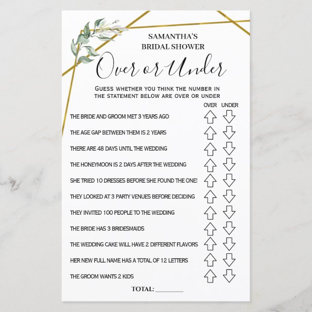 Papier Over or Under nuptiale douche anglais jeu espagnol (Devant)