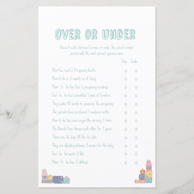Papier Over Under Adventure Baby shower Game (Devant)