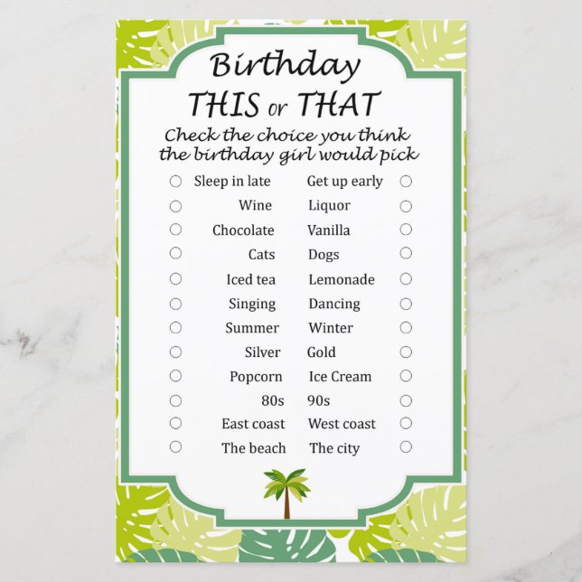 Papier Palm Annithday ce ou ce jeu (Devant)