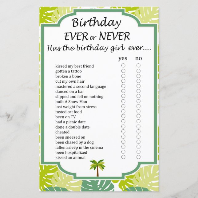 Papier Palm Anniversaire jamais ou jamais jeu (Devant)