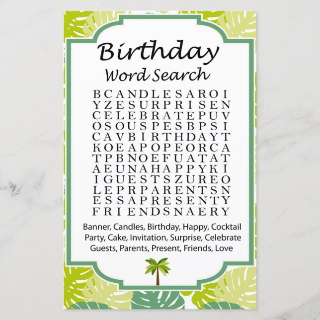 Papier Palm Anniversaire jeu de recherche par mot (Devant)