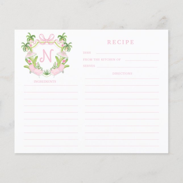 Papier Palm Beach Cabana Crest Monogram  Recipe Card (Devant)