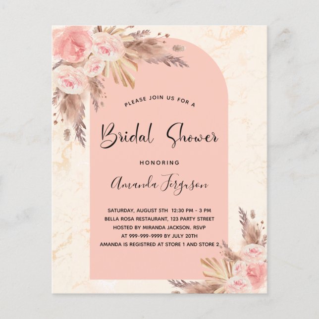 Papier Pampas de douche nuptiale budget rose or boho (Devant)