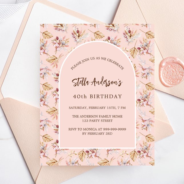 Papier Pampas floral rose boho budget anniversaire invita (Créateur téléchargé)