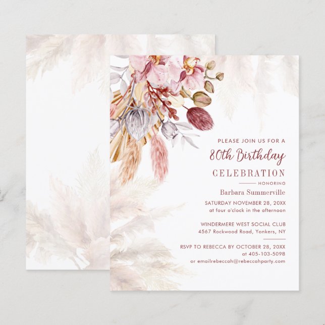 Papier Pampas Grass Boho 80e Anniversaire Fête Invitation (Devant / Derrière)