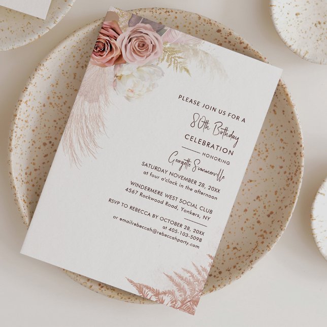 Papier Pampas Grass Floral 80e anniversaire Invitation (Pampas Grass Teracotta 80th Birthday Party Invitation)