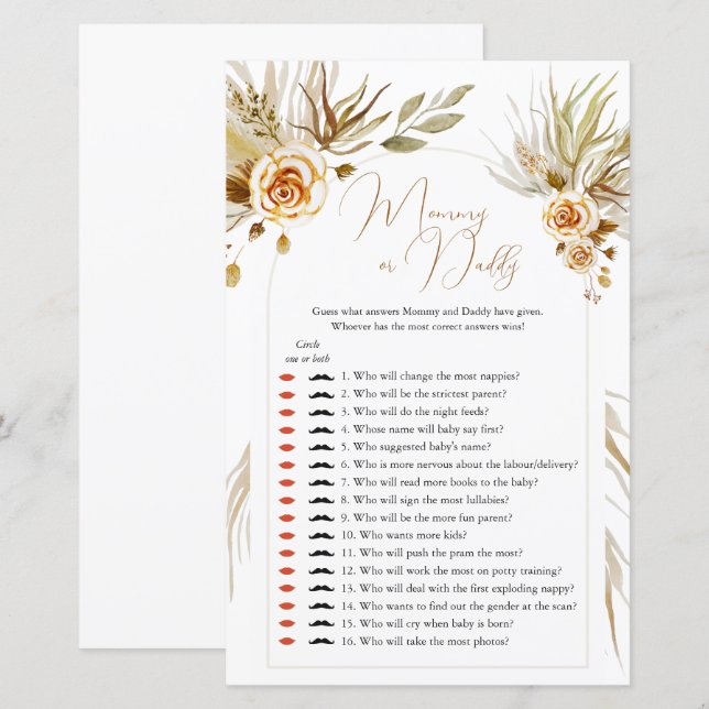 Papier Pampas herbe Baby shower Devinez Qui maman ou papa (Devant / Derrière)