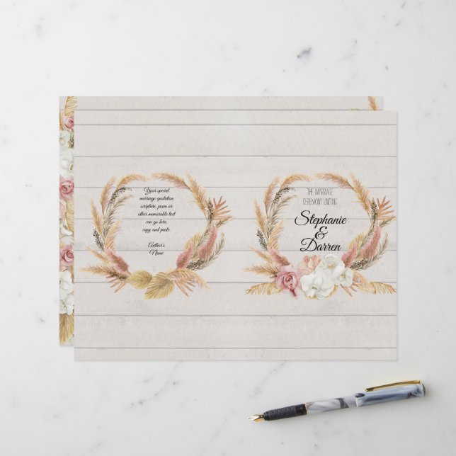 Papier Pampas Palm Pink Floral White Wood Wedding Program (Devant/Arrière en situation)