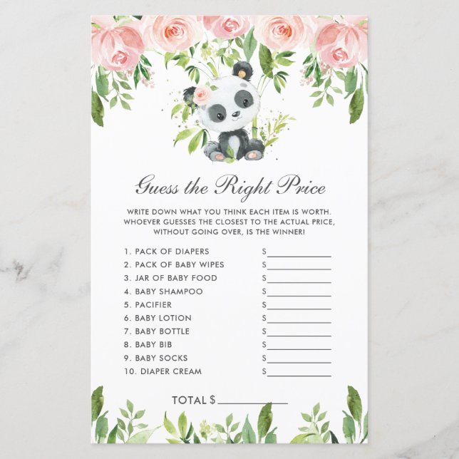 Papier Panda Bear Rose Floral Devinez Le Bon Prix Jeu (Devant)