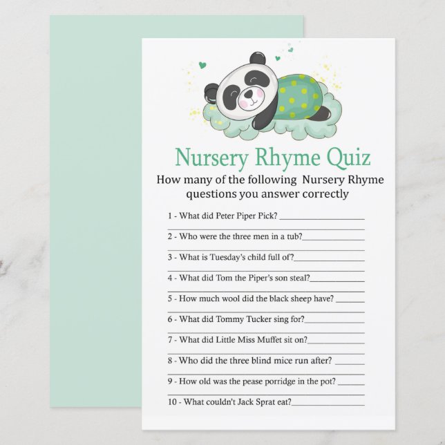 Papier Panda dormant Nursery Rhyme Quiz jeu de baby showe (Devant / Derrière)