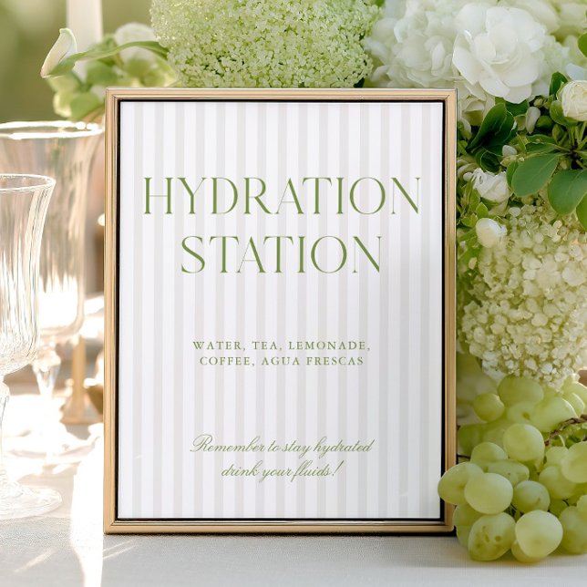 Papier Panneau de la station d'hydratation rayé vert saug (Sage Green & Beige Stripe Hydration Station Sign)