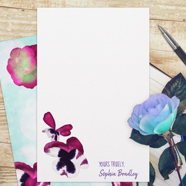Papier Pansies d'automne, Aqua, Rose, Purple Stationnaire (violet plum purple pansies turquoise budget personalized letter writing stationary paper sheets)
