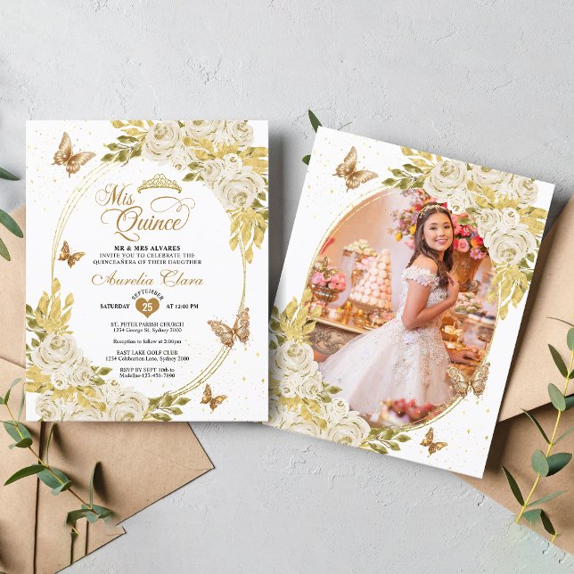 Papier Papillon blanc floral or photo Quinceañera (Créateur téléchargé)