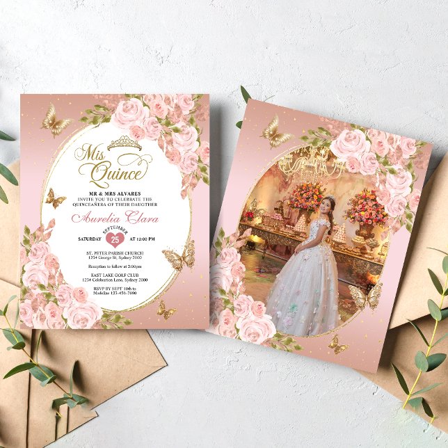 Papier Papillon bleu rose floral Photo Quinceañera (Créateur téléchargé)