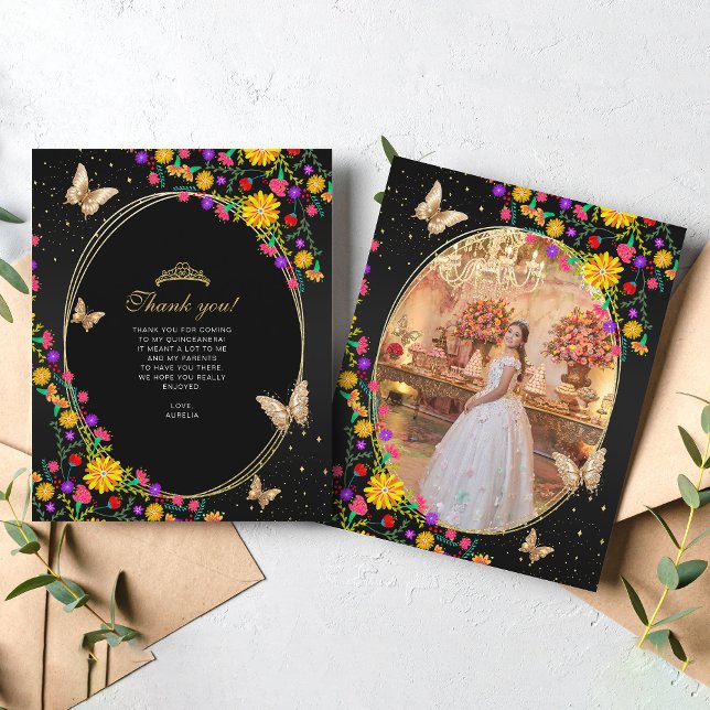 Papier Papillon Floral Noir Or Quinceañera Photo (Créateur téléchargé)
