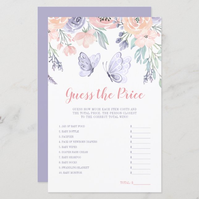 Papier Papillon rose violet Floral Devinez le jeu du prix (Devant / Derrière)
