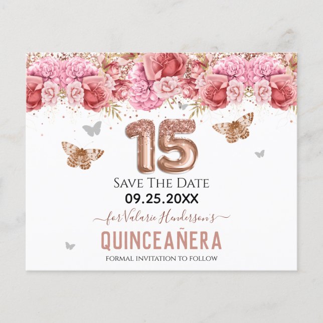 Papier Papillons floraux Quinceañera rose Enregistrer la  (Devant)