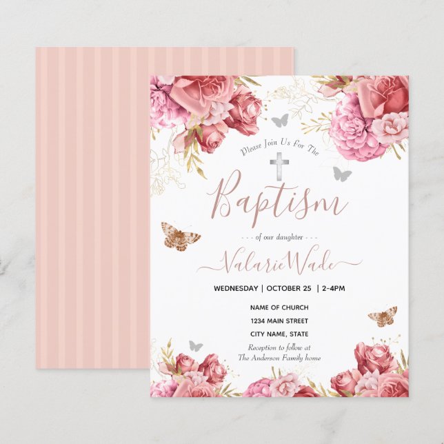 Papier Papillons floraux roses Baptême Invitations budgét (Devant / Derrière)