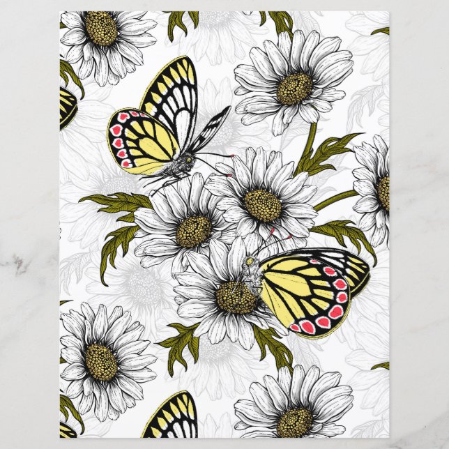 Papier Papillons Jézabel et fleurs marguerites sur blanc (Devant)