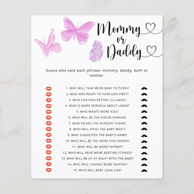 Papier Papillons - maman ou papa jeu de baby shower (Devant)
