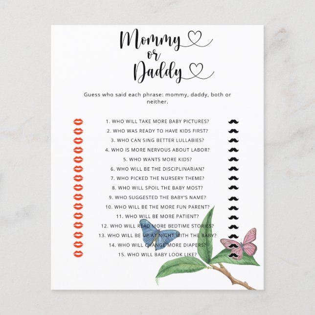 Papier Papillons - maman ou papa jeu de baby shower (Devant)