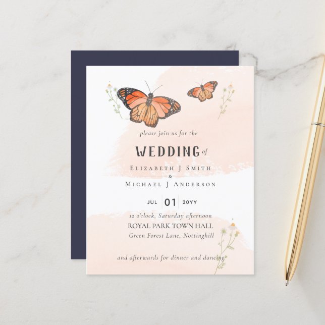 Papier Papillons Paradise Faire-part de mariage aquarelle (Devant/Arrière en situation)