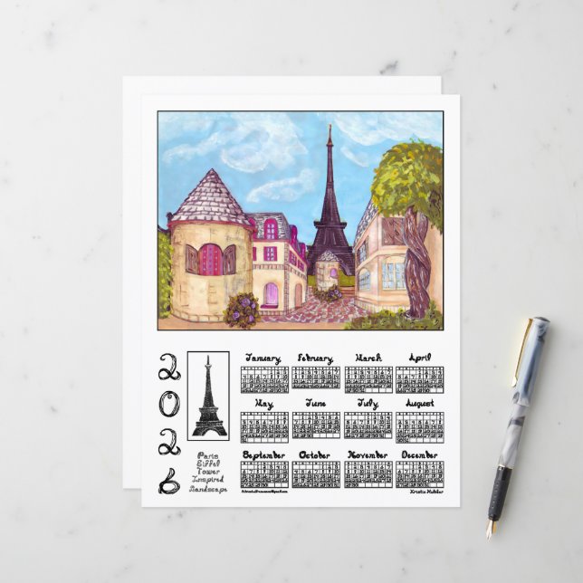Papier Paris Eiffel Tower Landscape 2026 Calendar Paper (Devant/Arrière en situation)