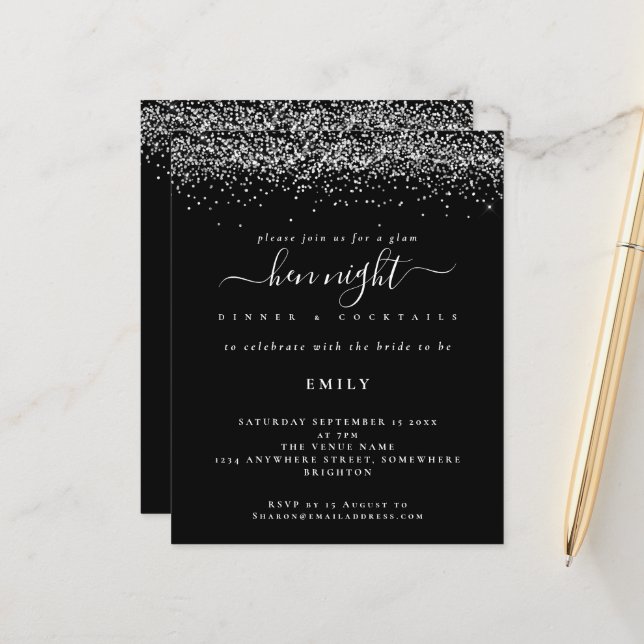 Papier Parties scintillant argent budget Hen Night Black  (Devant/Arrière en situation)