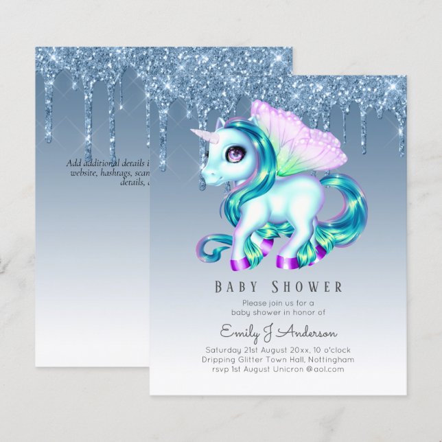 Papier PARTIES SCINTILLANT BUDGET Invitation Unicorn Baby (Devant / Derrière)