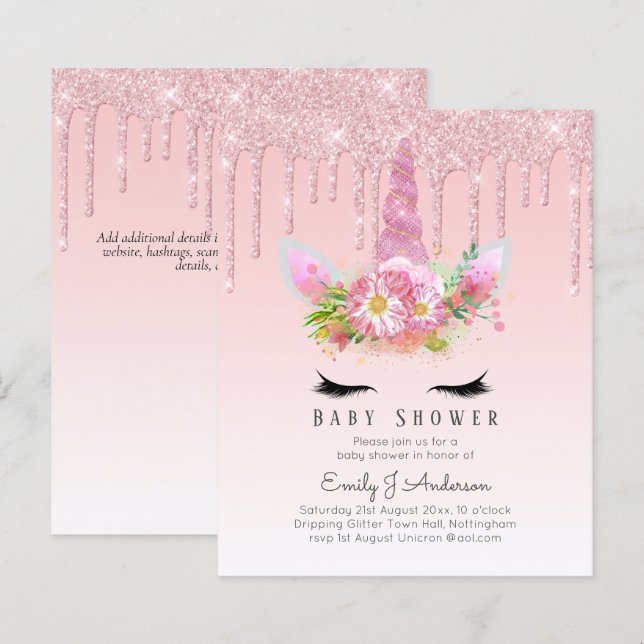 Papier PARTIES SCINTILLANT BUDGET Invitation Unicorn Baby (Devant / Derrière)