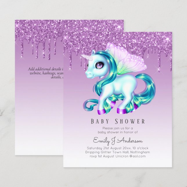Papier PARTIES SCINTILLANT BUDGET Invitation Unicorn Baby (Devant / Derrière)