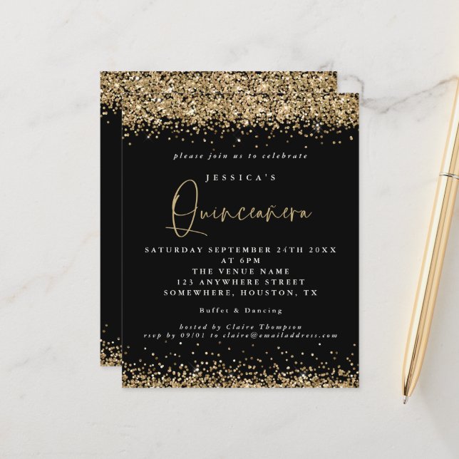 Papier Parties scintillant d'or Budget Black Quinceanera  (Devant/Arrière en situation)