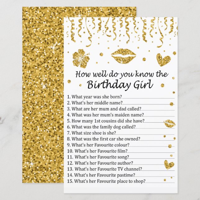 Papier Parties scintillant d'or Connaissez-vous bien la f (Devant / Derrière)
