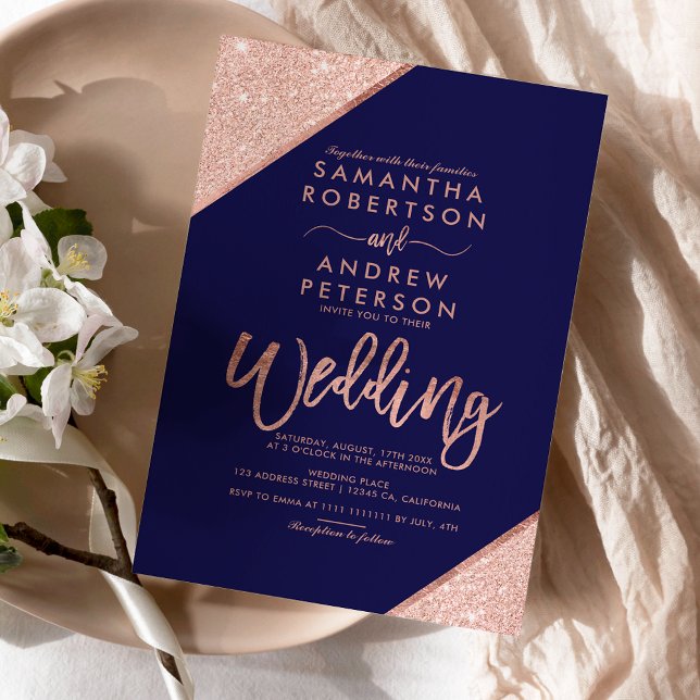 Papier parties scintillant d'or rose marine bleu budget m (Rose gold glitter typography navy blue wedding invitation)