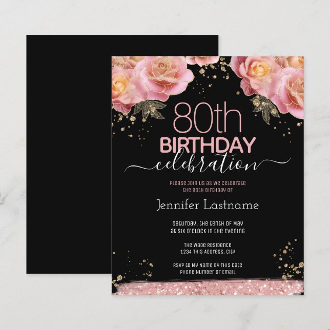 Papier Parties scintillant rose Floral 80e anniversaire I (Devant / Derrière)