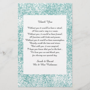 Papier Parties scintillant turquoise Mariage Poème Merci