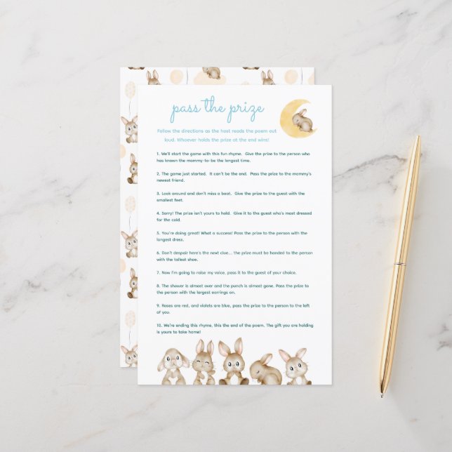 Papier Pass The Prize Cute Bunny Blue Baby Shower Game (Devant/Arrière en situation)