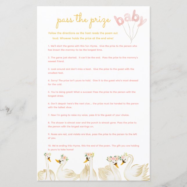 Papier Passez le Baby shower du prix Jeu - Swan Princess (Devant)