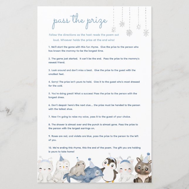 Papier Passez le prix jeu de baby shower Animaux d'hiver (Devant)