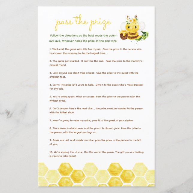 Papier Passez le prix jeu de baby shower - miel d'abeille (Devant)