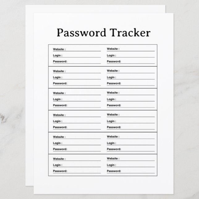 PAPIER PASSWORD TRACKER TEMPLATE (Devant / Derrière)