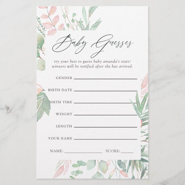 Papier Pastel Blush Greenery Baby shower Guesser Jeu (Devant)