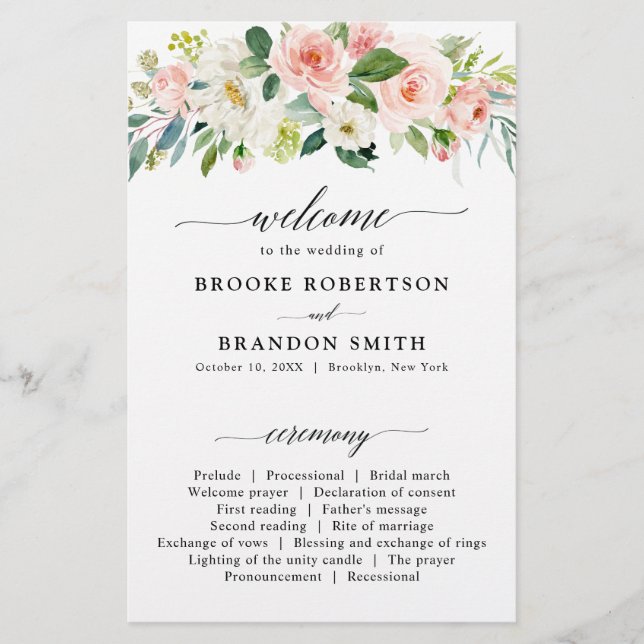 Papier Pastel Blush Pretty Rose Botanical Wedding Program (Devant)