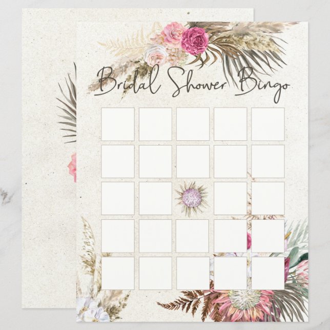 Papier Pastel Boho Neutral Fête des mariées Florale Bingo (Devant / Derrière)