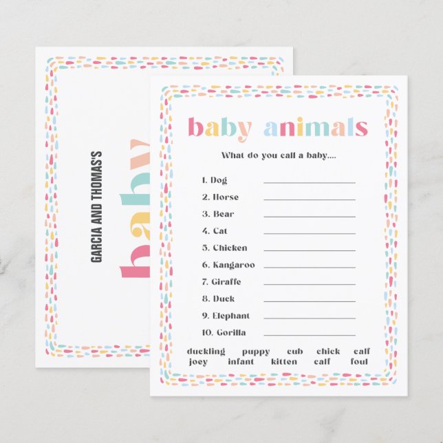 Papier Pastel Colours Arc-en-ciel Baby shower Nom animal  (Devant / Derrière)