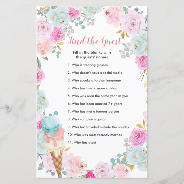 Papier Pastel crème glacée floral Trouver le jeu Invité (Devant)