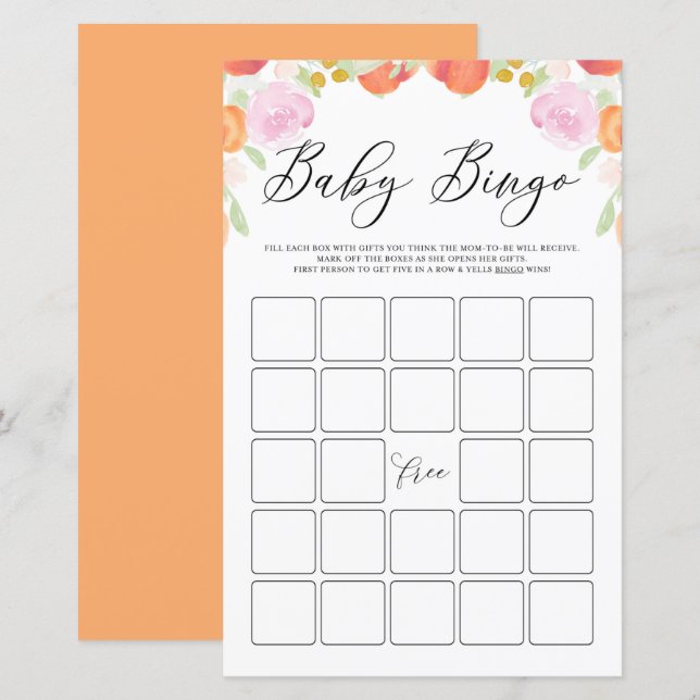 Papier Pastel Peaches et Fleurs Baby shower Bingo Jeu (Devant / Derrière)