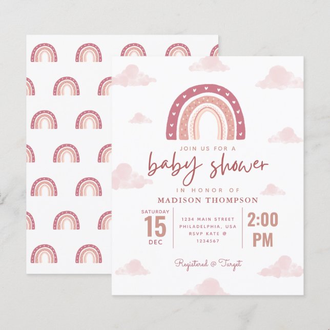 Papier Pastel rose arc-en-ciel nuages fille Baby shower I (Devant / Derrière)